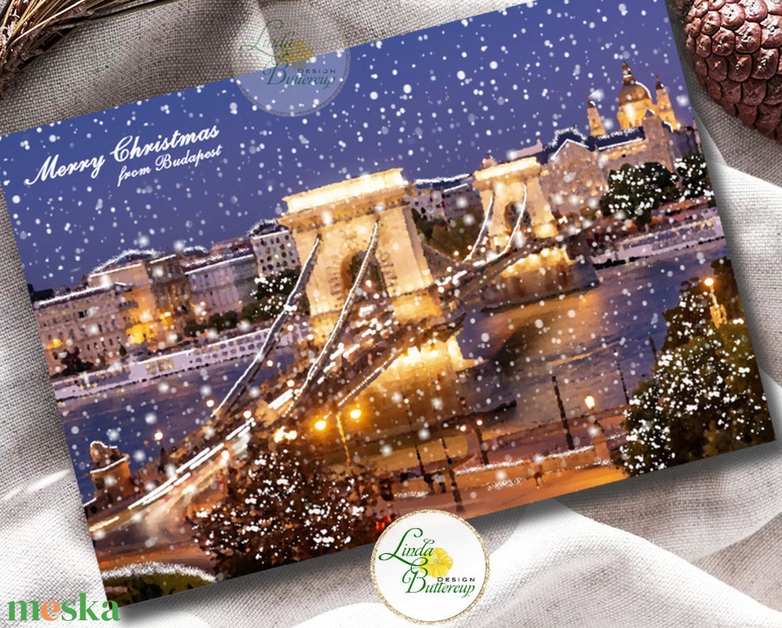 Budapesti Karácsonyi Képeslap, Adventi Képeslap, Karácsony, üdvözlőlap, Budapest, havas, hóesés, lánchíd, duna - karácsony - karácsonyi ajándékozás - karácsonyi képeslap, üdvözlőlap, ajándékkísérő - Meska.hu