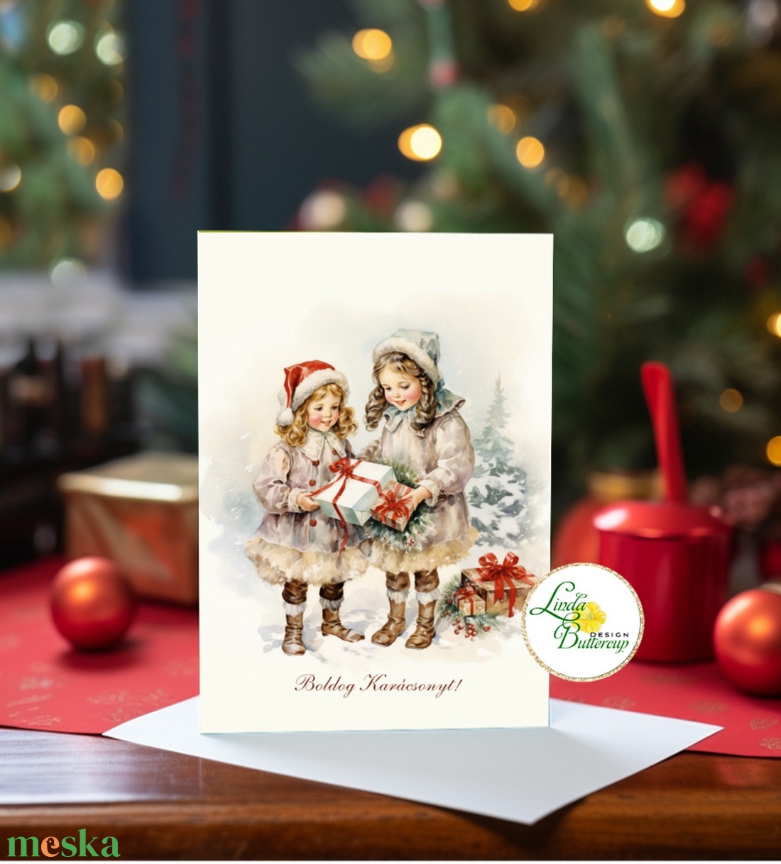 Vintage Karácsonyi Képeslap, retro, kislányok, vinatge, karácsonyi üdvözlőlap, ünnepi képeslap,  régi, táli táj - karácsony - karácsonyi ajándékozás - karácsonyi képeslap, üdvözlőlap, ajándékkísérő - Meska.hu
