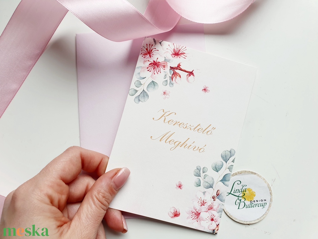 kinyithatós, Virágos keresztelő meghívó, Lányos Szülinapi meghívó, cseresznyefavirág, pasztell pink, rózsaszín+ SZERKdíj - otthon & életmód - papír, írószer - Meska.hu