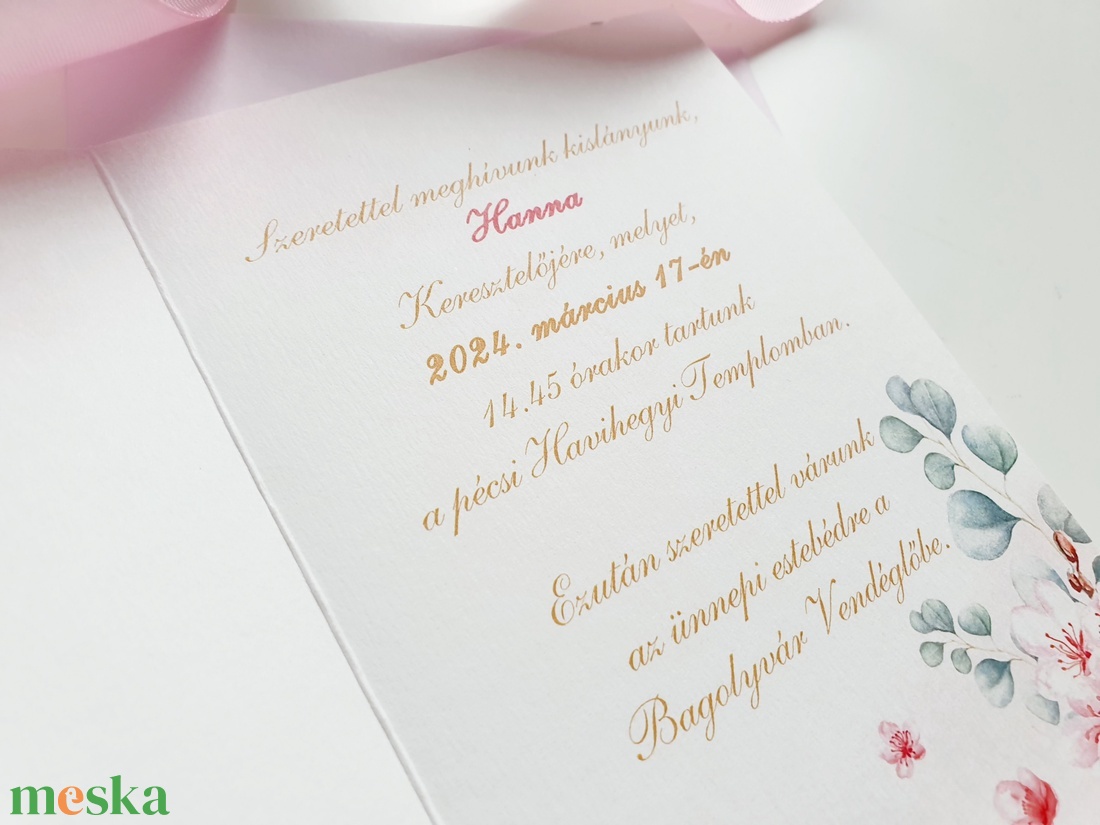 kinyithatós, Virágos keresztelő meghívó, Lányos Szülinapi meghívó, cseresznyefavirág, pasztell pink, rózsaszín+ SZERKdíj - otthon & életmód - papír, írószer - Meska.hu