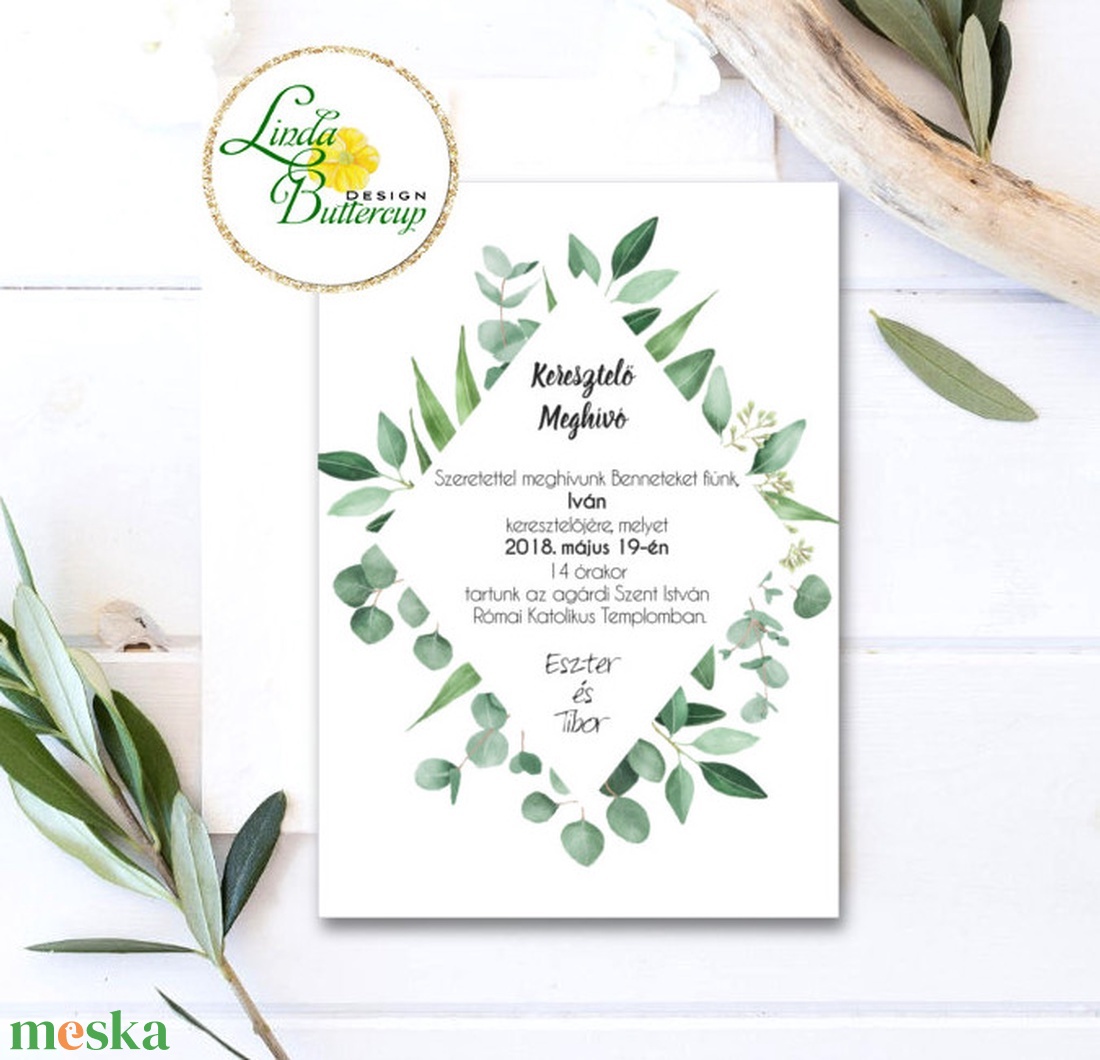 Greenery, keresztelő meghívó, fiús, zöld, leveles + SZERKESZTÉSI DÍJ a leirásból is tedd kosárba - otthon & életmód - papír, írószer - ajándékozás kellékei - meghívó - Meska.hu
