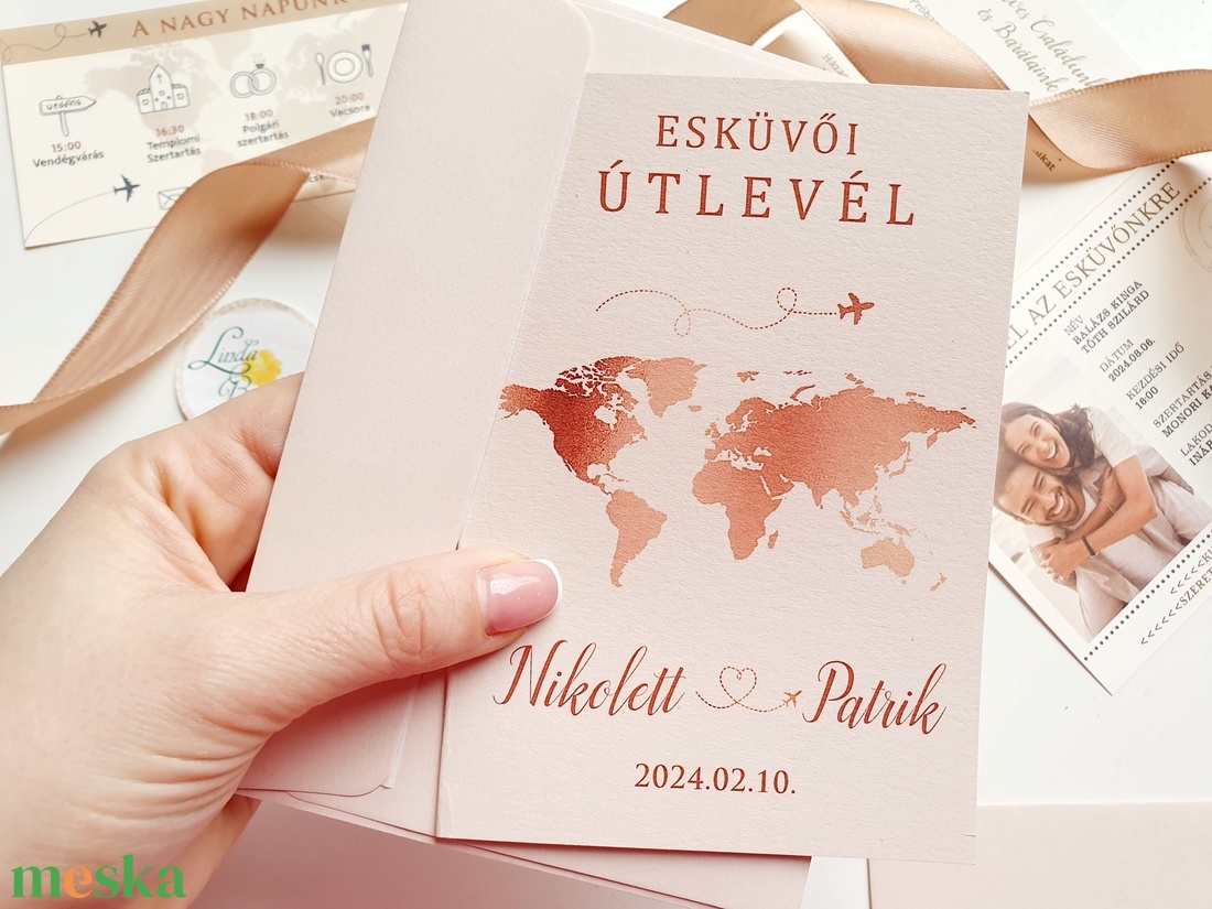 Núd, natúr, Fényképes Útlevél meghívó, Beszállókártya, Repülőjegy, bézses MATT papíron - esküvő - meghívó & kártya - meghívó - Meska.hu