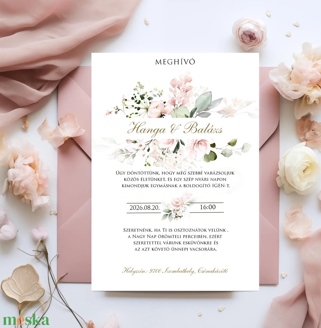 Púder, pasztell rózsaszín, rózsás, greenery, blush, esküvői meghívó +SZERK.DÍJ- tedd kosárba a leírásból BORÍTÉK NÉLKÜL - esküvő - meghívó & kártya - meghívó - Meska.hu