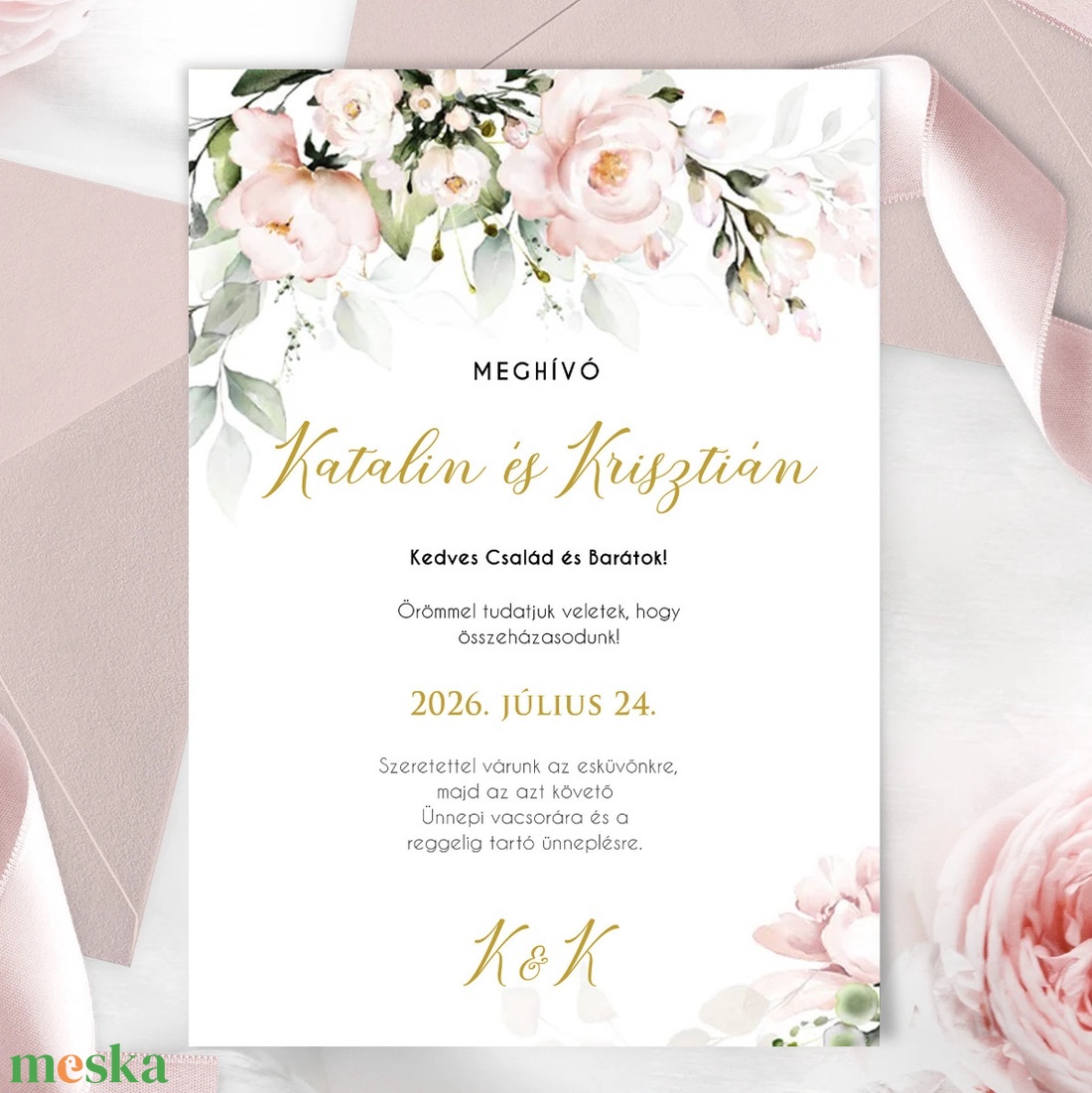 Púder, pasztell rózsaszín, rózsás, greenery, blush, esküvői meghívó +SZERK.DÍJ- tedd kosárba a leírásból BORÍTÉK NÉLKÜL - esküvő - meghívó & kártya - meghívó - Meska.hu