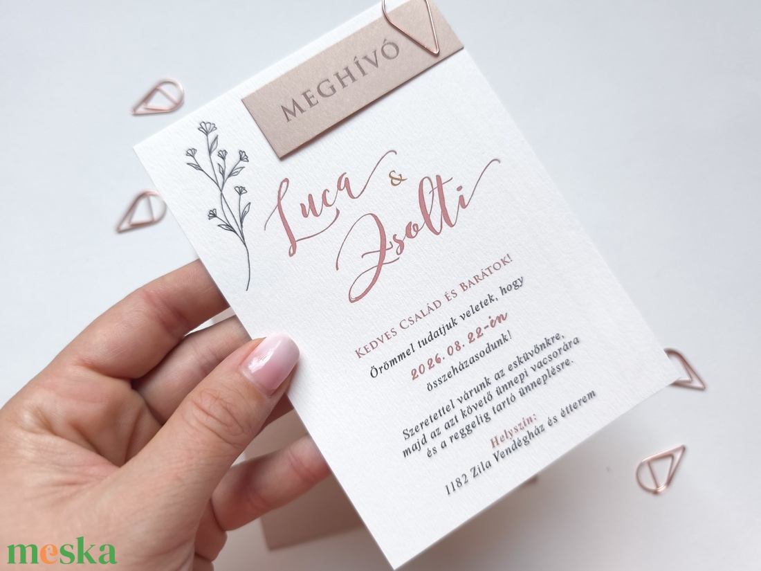 Núd, Minimál, rosegold kapcsos, elegáns esküvői meghívó, BORÍTÉKKAL, +szerkesztési díjat is tedd kosárba a leírásból - esküvő - meghívó & kártya - meghívó - Meska.hu