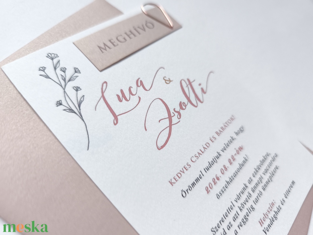 Núd, Minimál, rosegold kapcsos, elegáns esküvői meghívó, BORÍTÉKKAL, +szerkesztési díjat is tedd kosárba a leírásból - esküvő - meghívó & kártya - meghívó - Meska.hu