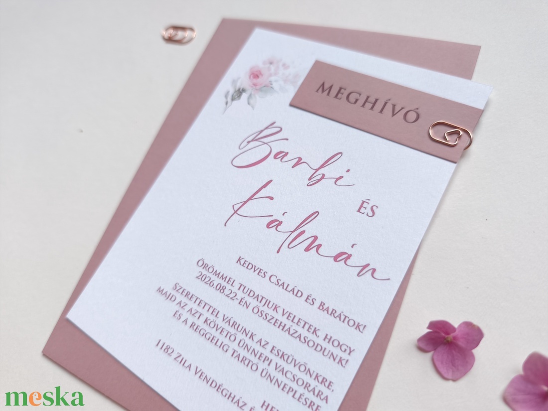 Blush púder, rosegegold kapcsos, elegáns esküvői meghívó, BORÍTÉKKAL, +szerkesztési díjat is tedd kosárba a leírásból - esküvő - meghívó & kártya - meghívó - Meska.hu