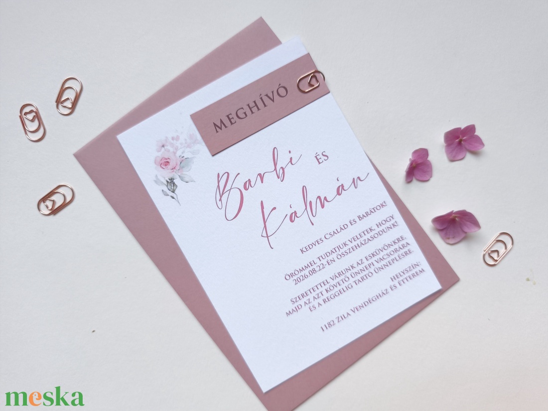 Blush púder, rosegegold kapcsos, elegáns esküvői meghívó, BORÍTÉKKAL, +szerkesztési díjat is tedd kosárba a leírásból - esküvő - meghívó & kártya - meghívó - Meska.hu