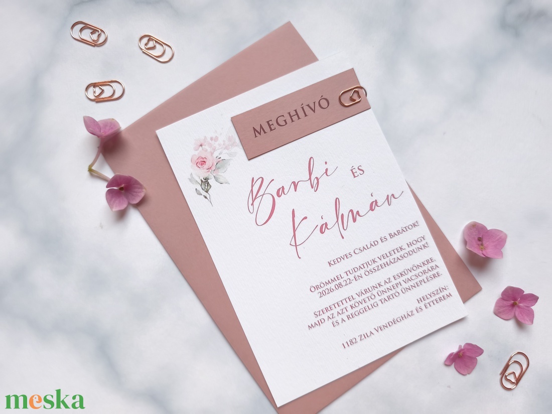 Blush púder, rosegegold kapcsos, elegáns esküvői meghívó, BORÍTÉKKAL, +szerkesztési díjat is tedd kosárba a leírásból - esküvő - meghívó & kártya - meghívó - Meska.hu