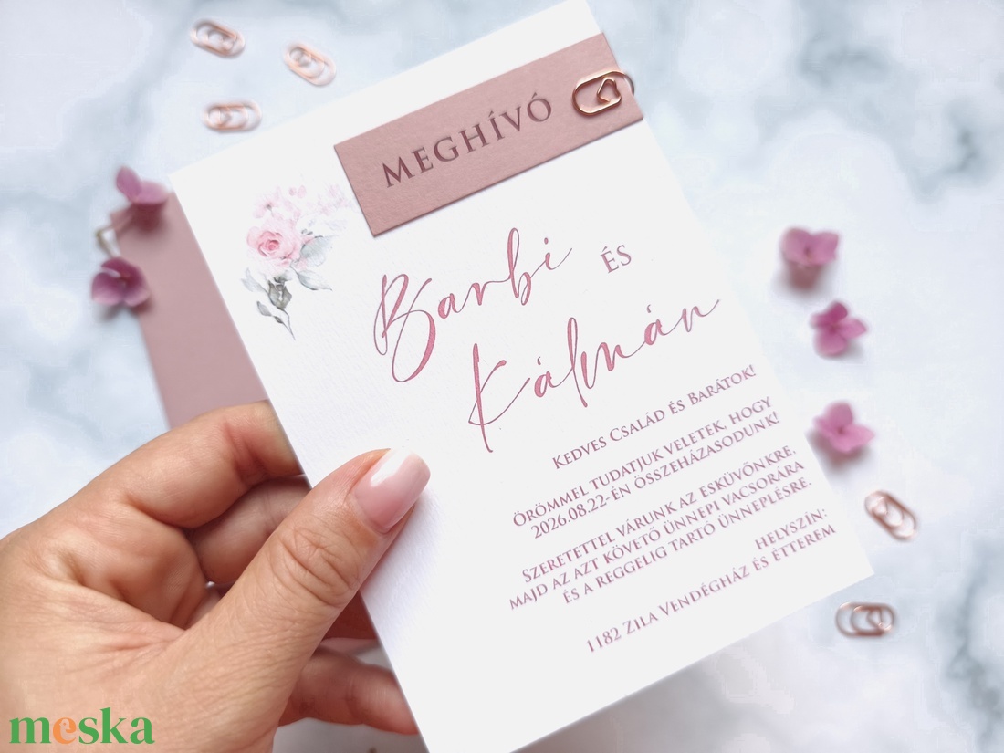 Blush púder, rosegegold kapcsos, elegáns esküvői meghívó, BORÍTÉKKAL, +szerkesztési díjat is tedd kosárba a leírásból - esküvő - meghívó & kártya - meghívó - Meska.hu
