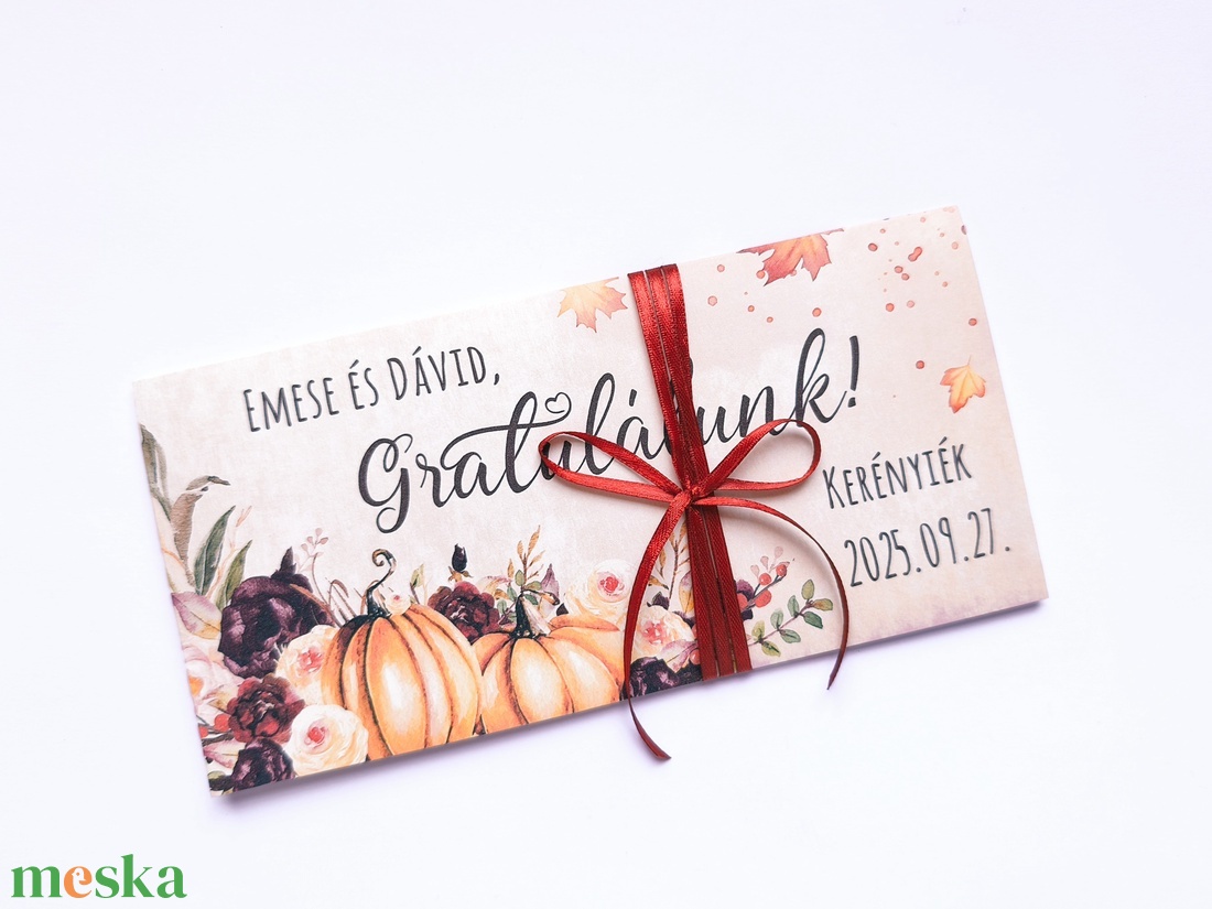 Őszi esküvő, októberi, nászajándék, Pénzátadó boríték, Nászajándék, Gratulálunk képeslap, halloween tök, bordó rózsás - esküvő - emlék & ajándék - nászajándék - esküvői pénzátadó boríték, kártya - Meska.hu