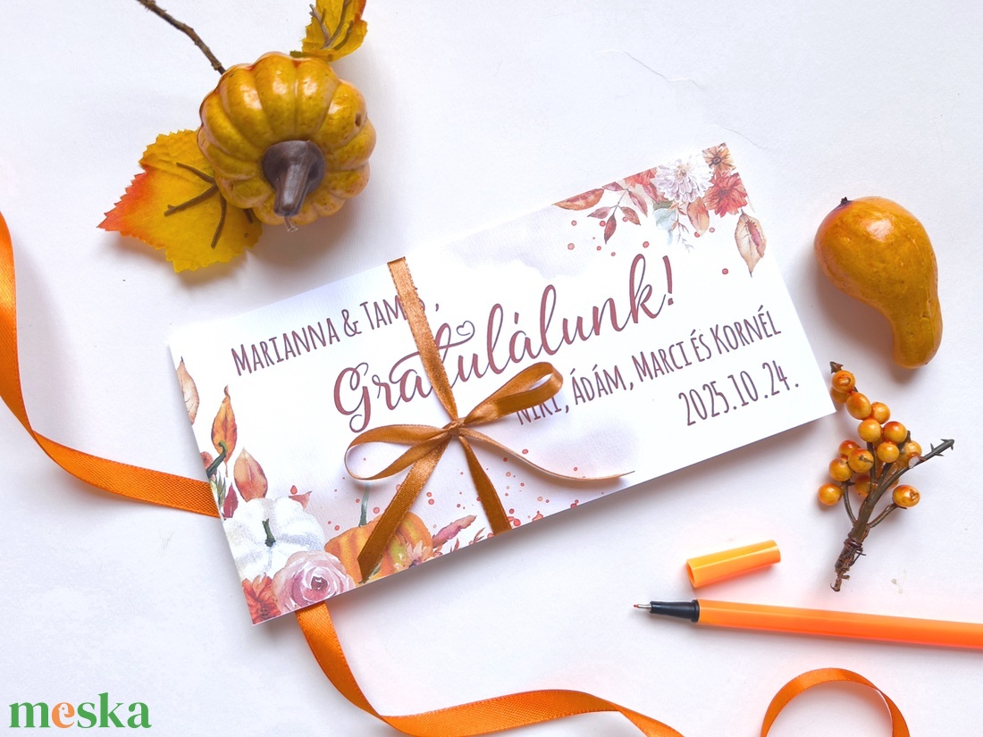 Őszi esküvő, októberi, nászajándék, Pénzátadó boríték, Nászajándék, Gratulálunk képeslap, halloween tök, bordó rózsás - esküvő - emlék & ajándék - nászajándék - esküvői pénzátadó boríték, kártya - Meska.hu