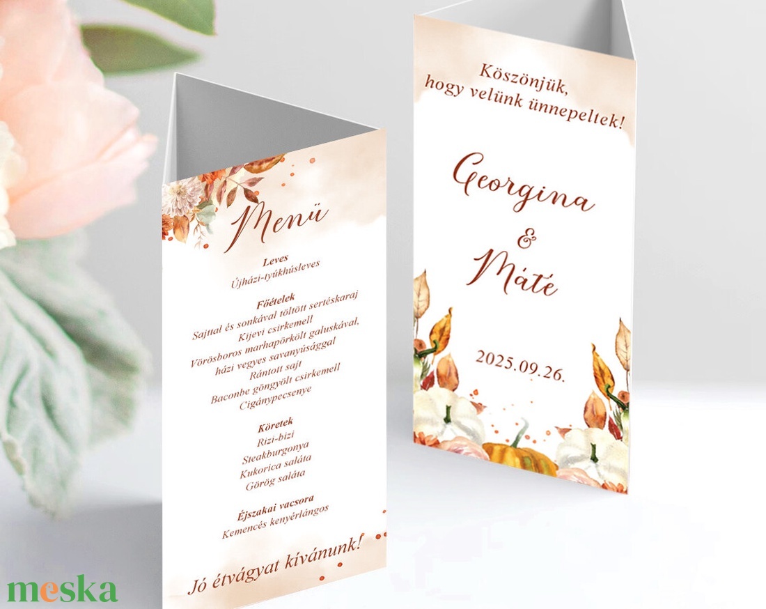 Őszi leveles, tökös, menü kártya, vacsora, itallap, októberi esküvő, tök, narancs + SZERKESZTÉSI DÍJat is tedd kosárba - esküvő - meghívó & kártya - menü - Meska.hu