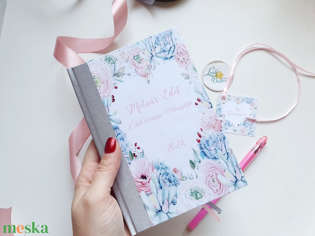 Türkizkék, ezüst és rózsaszín, virágos, Naptár, határidőnapló, kalendár, zsebnaptár, Egyedi naptár, névreszóló, tervező - otthon & életmód - papír, írószer - naptár & tervező - Meska.hu