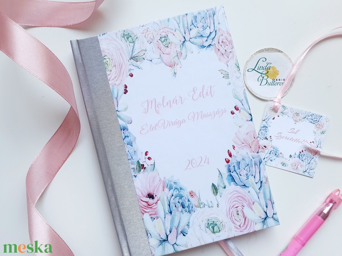 Türkizkék, ezüst és rózsaszín, virágos, Naptár, határidőnapló, kalendár, zsebnaptár, Egyedi naptár, névreszóló, tervező - otthon & életmód - papír, írószer - naptár & tervező - Meska.hu