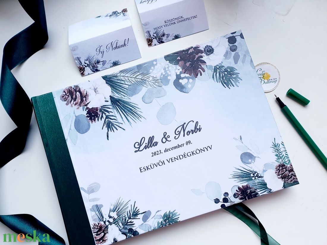 Téli esküvőre vendégkönyv, sötétzöld, fenyőág, toboz, Esküvői Emlékkönyv - esküvő - emlék & ajándék - vendégkönyv - Meska.hu