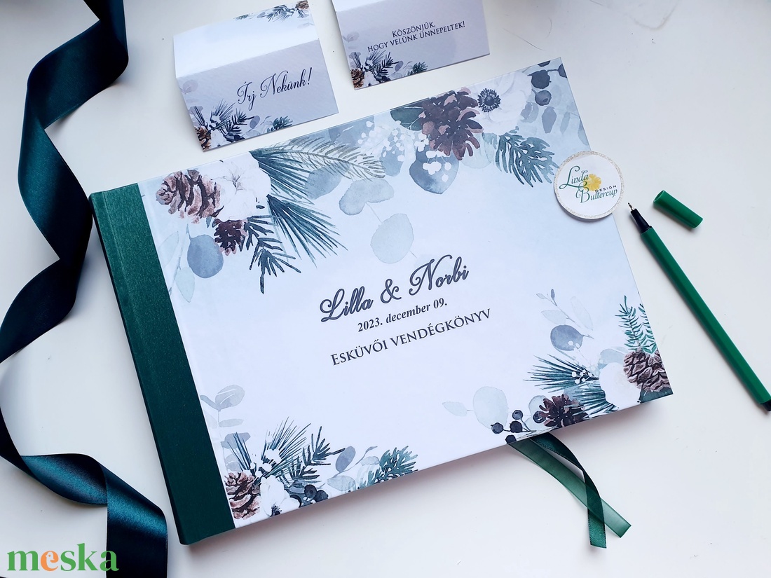 Téli esküvőre vendégkönyv, sötétzöld, fenyőág, toboz, Esküvői Emlékkönyv - esküvő - emlék & ajándék - vendégkönyv - Meska.hu