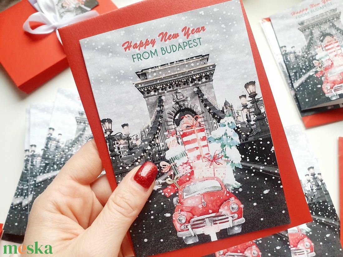 Budapesti Karácsonyi Képeslap, Adventi Képeslap, Karácsony, üdvözlőlap, Budapest, villamos, parlament - karácsony - karácsonyi ajándékozás - karácsonyi képeslap, üdvözlőlap, ajándékkísérő - Meska.hu