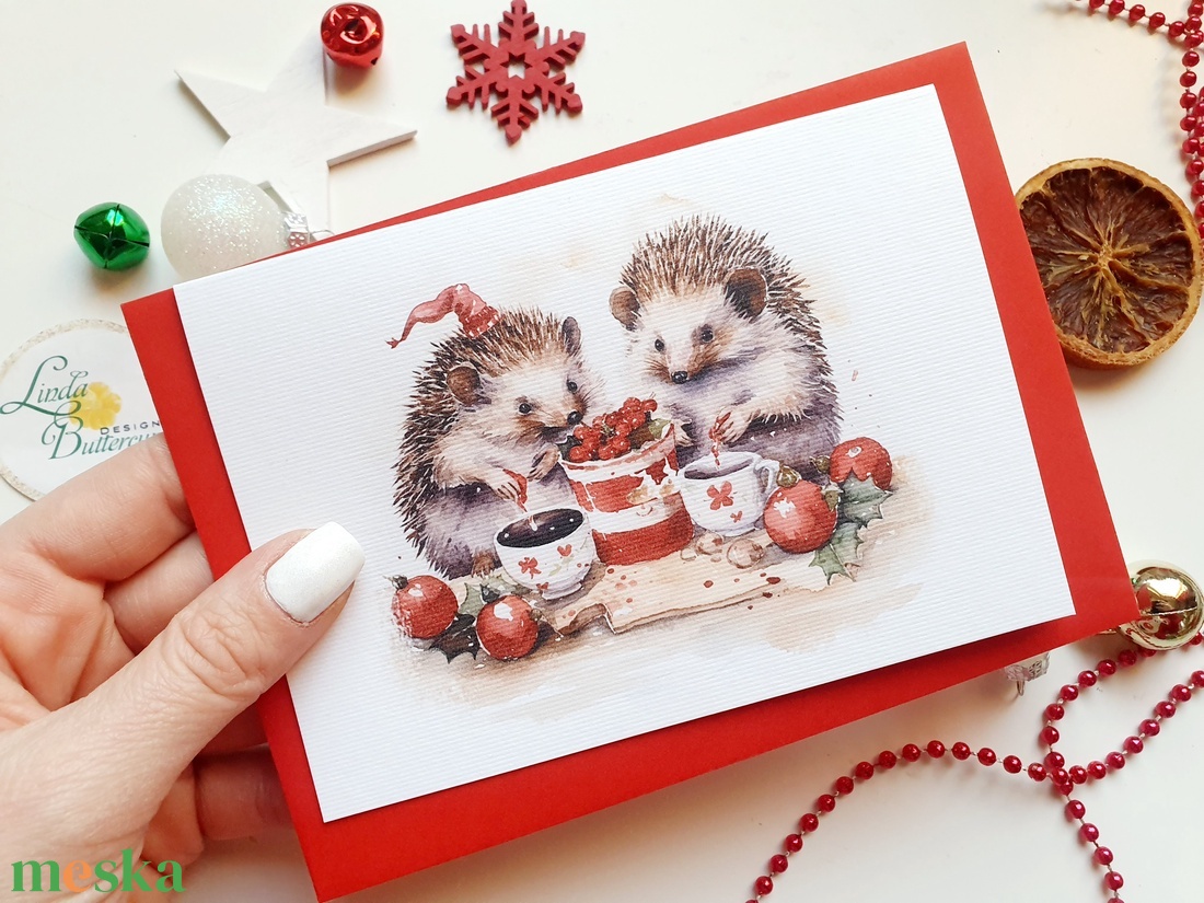 Sünis, Karácsonyi Képeslap, Állatos, Adventi lap, kinyithatós képeslap A6 méret borítékkal - karácsony - karácsonyi ajándékozás - karácsonyi képeslap, üdvözlőlap, ajándékkísérő - Meska.hu