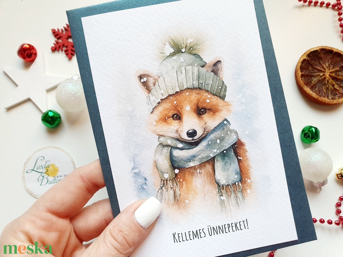 Cuki Rókás, Karácsonyi Képeslap, Állatos, Adventi lap, kinyithatós képeslap A6 méret borítékkal, zöld - karácsony - karácsonyi ajándékozás - karácsonyi képeslap, üdvözlőlap, ajándékkísérő - Meska.hu