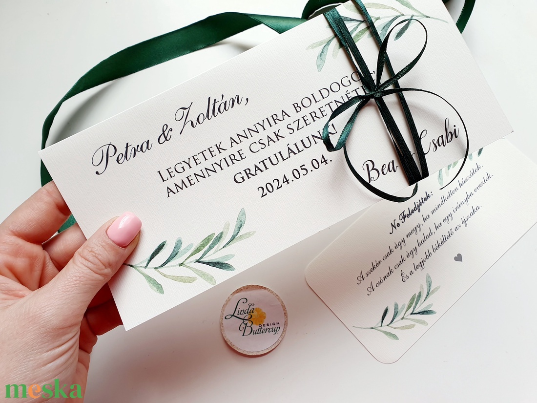 Greenery,  eukaliptusz ág, Pénzátadó boríték, Nászajándék, Gratulálunk képeslap, Esküvői Gratuláció - esküvő - emlék & ajándék - nászajándék - esküvői pénzátadó boríték, kártya - Meska.hu