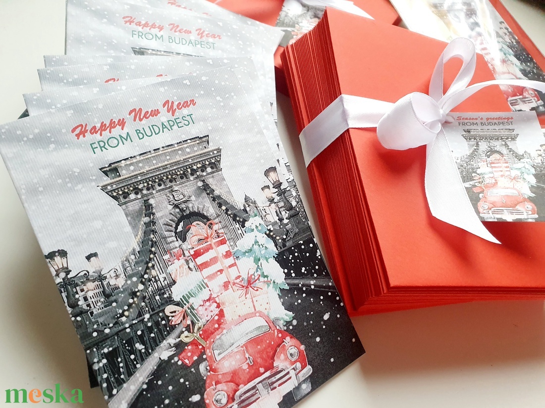 Budapesti Karácsonyi Képeslap, Adventi Képeslap, Karácsony, üdvözlőlap, Budapest, villamos, parlament - karácsony - karácsonyi ajándékozás - karácsonyi képeslap, üdvözlőlap, ajándékkísérő - Meska.hu
