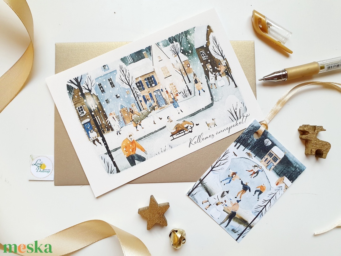 Téli táj, minimál stílusú rajz, korcsolyázó emberek,havas, Karácsonyi Képeslap, kinyithatós képeslap A6 méret borítékkal - karácsony - karácsonyi ajándékozás - karácsonyi képeslap, üdvözlőlap, ajándékkísérő - Meska.hu