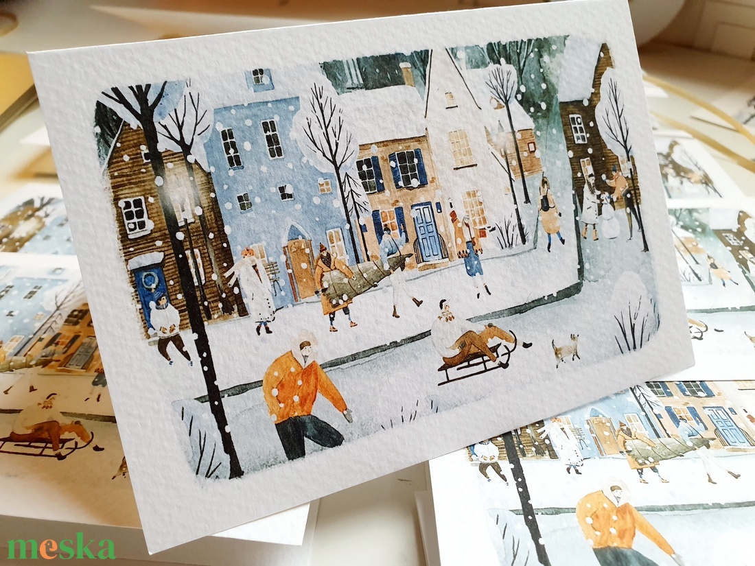 Téli táj, minimál stílusú rajz, korcsolyázó emberek,havas, Karácsonyi Képeslap, kinyithatós képeslap A6 méret borítékkal - karácsony - karácsonyi ajándékozás - karácsonyi képeslap, üdvözlőlap, ajándékkísérő - Meska.hu