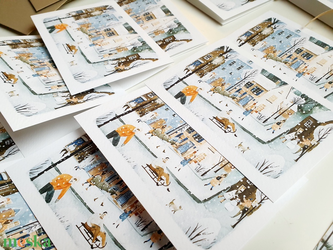 Téli táj, minimál stílusú rajz, korcsolyázó emberek,havas, Karácsonyi Képeslap, kinyithatós képeslap A6 méret borítékkal - karácsony - karácsonyi ajándékozás - karácsonyi képeslap, üdvözlőlap, ajándékkísérő - Meska.hu