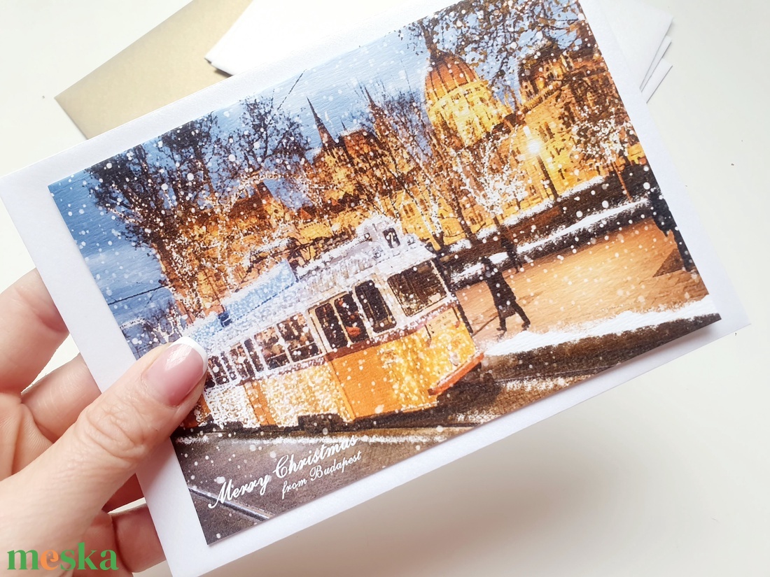 Budapesti Karácsonyi Képeslap, Adventi Képeslap, Karácsony, üdvözlőlap, Budapest, villamos, parlament - karácsony - karácsonyi ajándékozás - karácsonyi képeslap, üdvözlőlap, ajándékkísérő - Meska.hu