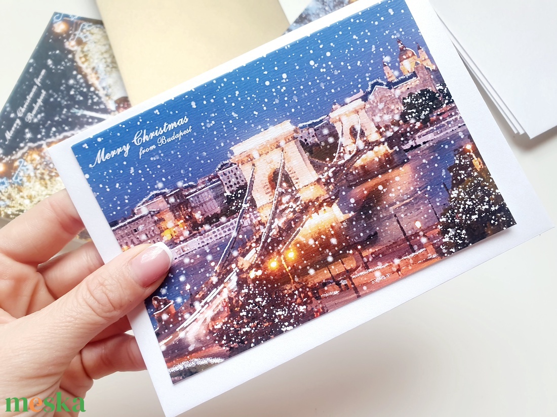 Budapesti Karácsonyi Képeslap, Adventi Képeslap, Karácsony, üdvözlőlap, Budapest, havas, hóesés, lánchíd, duna - karácsony - karácsonyi ajándékozás - karácsonyi képeslap, üdvözlőlap, ajándékkísérő - Meska.hu