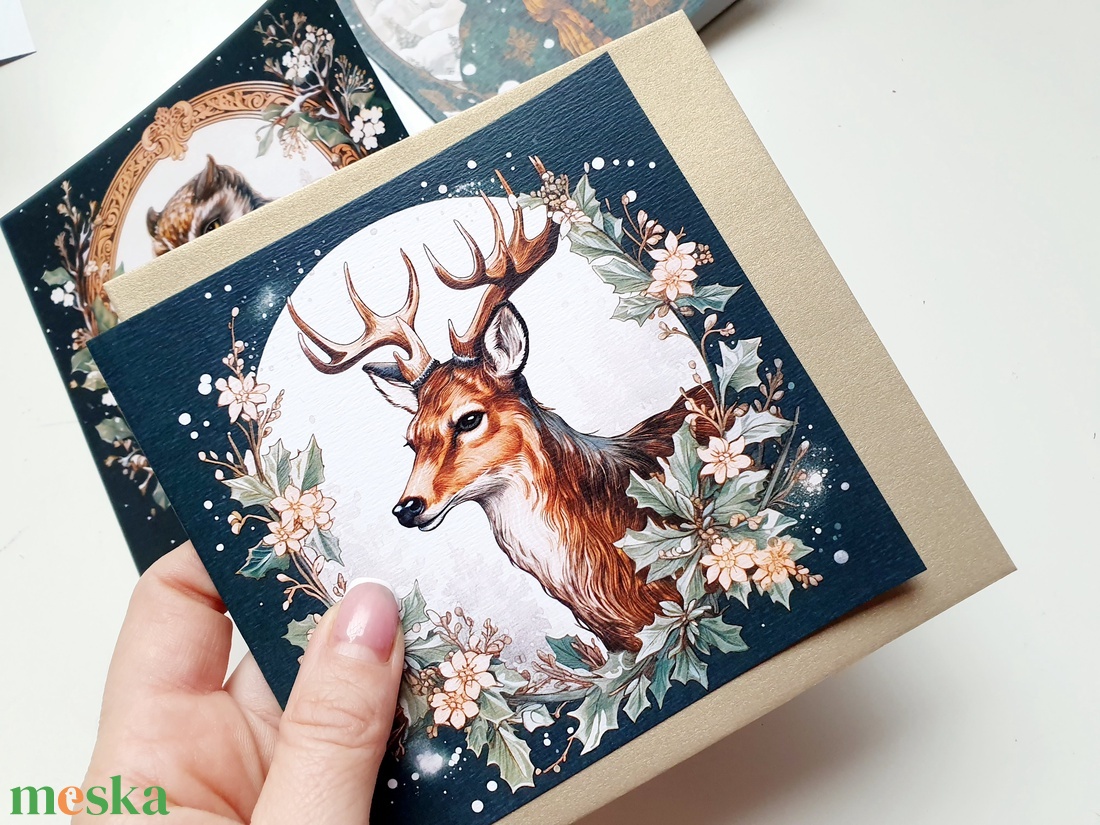 Szarvasos, vintage, kinyitható Karácsonyi Képeslap, Állatos, szarvas, Adventi lap, 13.5x13.5 cm borítékkal, négyzet - karácsony - karácsonyi ajándékozás - karácsonyi képeslap, üdvözlőlap, ajándékkísérő - Meska.hu