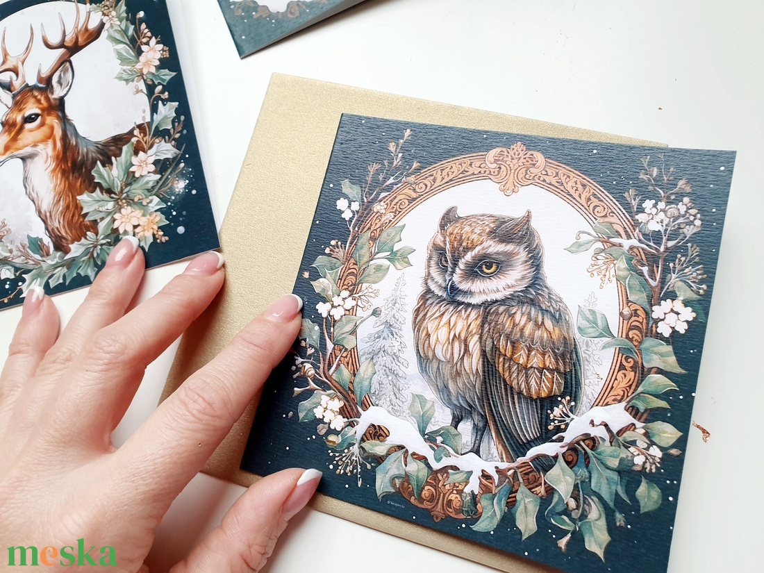 Bagoly, vintage, kinyitható Karácsonyi Képeslap, Állatos, madaras, Adventi lap, 13.5x13.5 cm borítékkal, négyzet - karácsony - karácsonyi ajándékozás - karácsonyi képeslap, üdvözlőlap, ajándékkísérő - Meska.hu