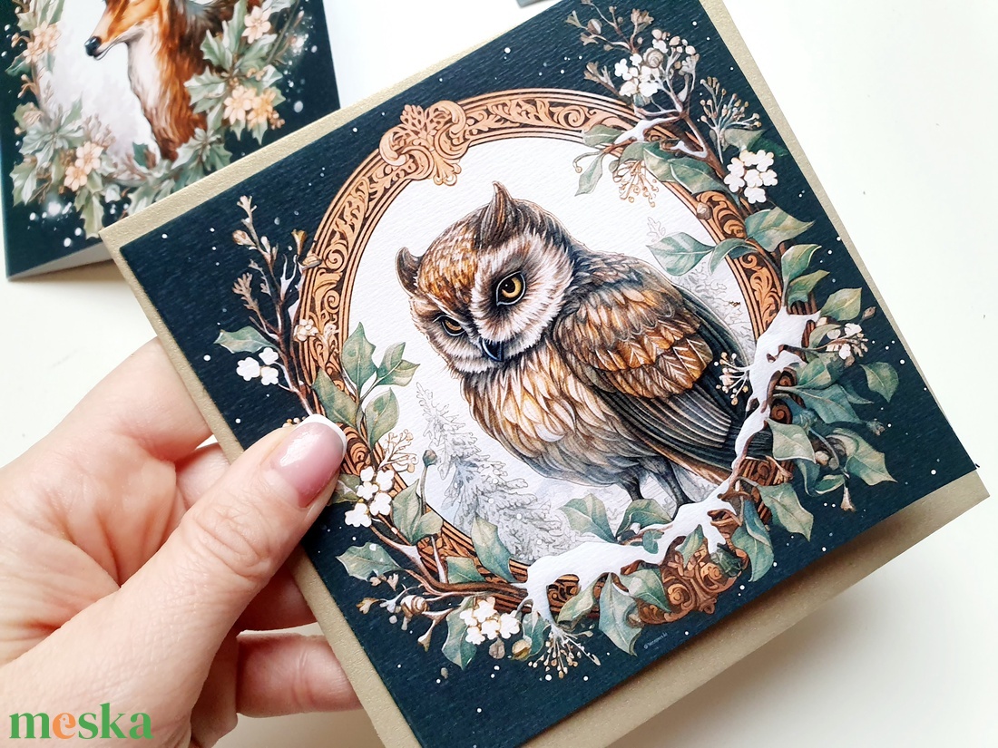 Bagoly, vintage, kinyitható Karácsonyi Képeslap, Állatos, madaras, Adventi lap, 13.5x13.5 cm borítékkal, négyzet - karácsony - karácsonyi ajándékozás - karácsonyi képeslap, üdvözlőlap, ajándékkísérő - Meska.hu