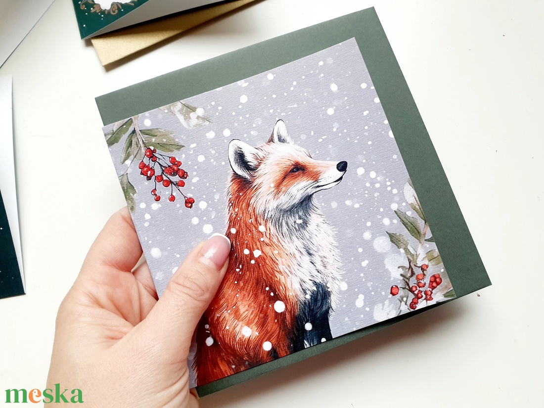 Rókás, Karácsonyi Képeslap, Állatos, róka, Adventi lap, kinyithatós képeslap, 13.5x13.5 cm borítékkal, négyzet - karácsony - karácsonyi ajándékozás - karácsonyi képeslap, üdvözlőlap, ajándékkísérő - Meska.hu