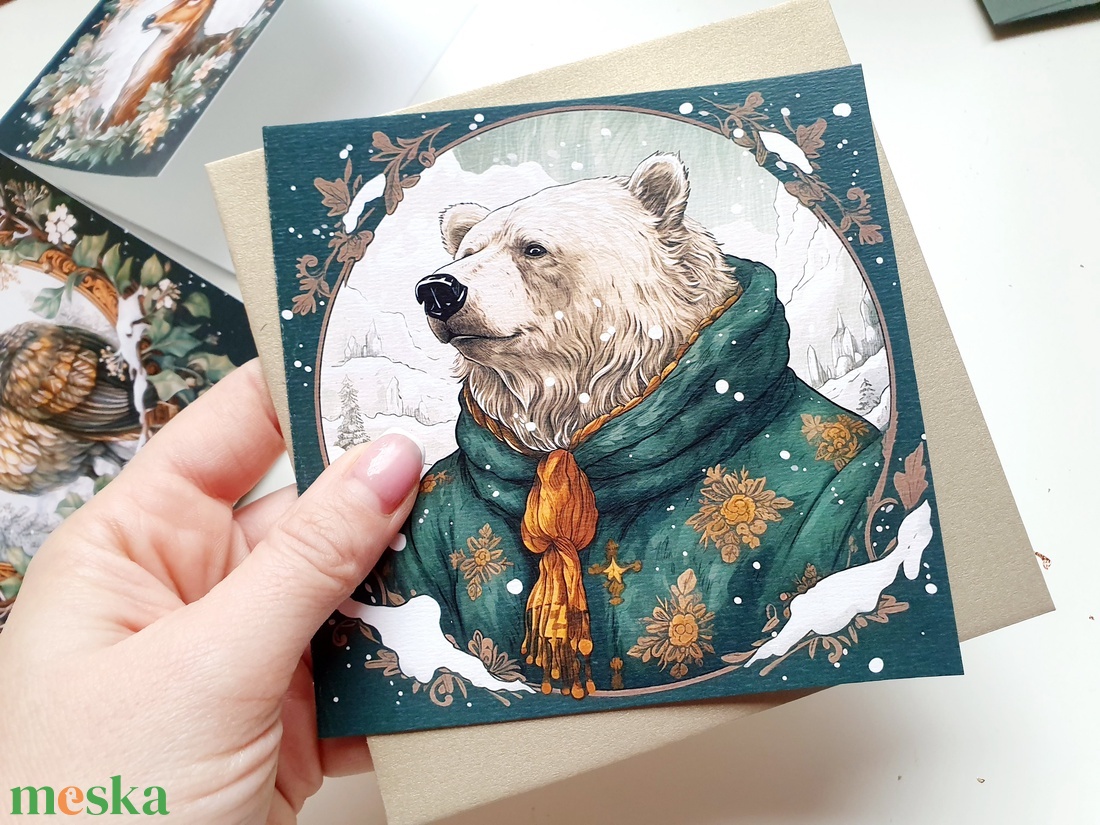 Jegesmedve, vintage, kinyitható Karácsonyi Képeslap, Állatos, medvés, Adventi lap, 13.5x13.5 cm borítékkal, négyzet - karácsony - karácsonyi ajándékozás - karácsonyi képeslap, üdvözlőlap, ajándékkísérő - Meska.hu