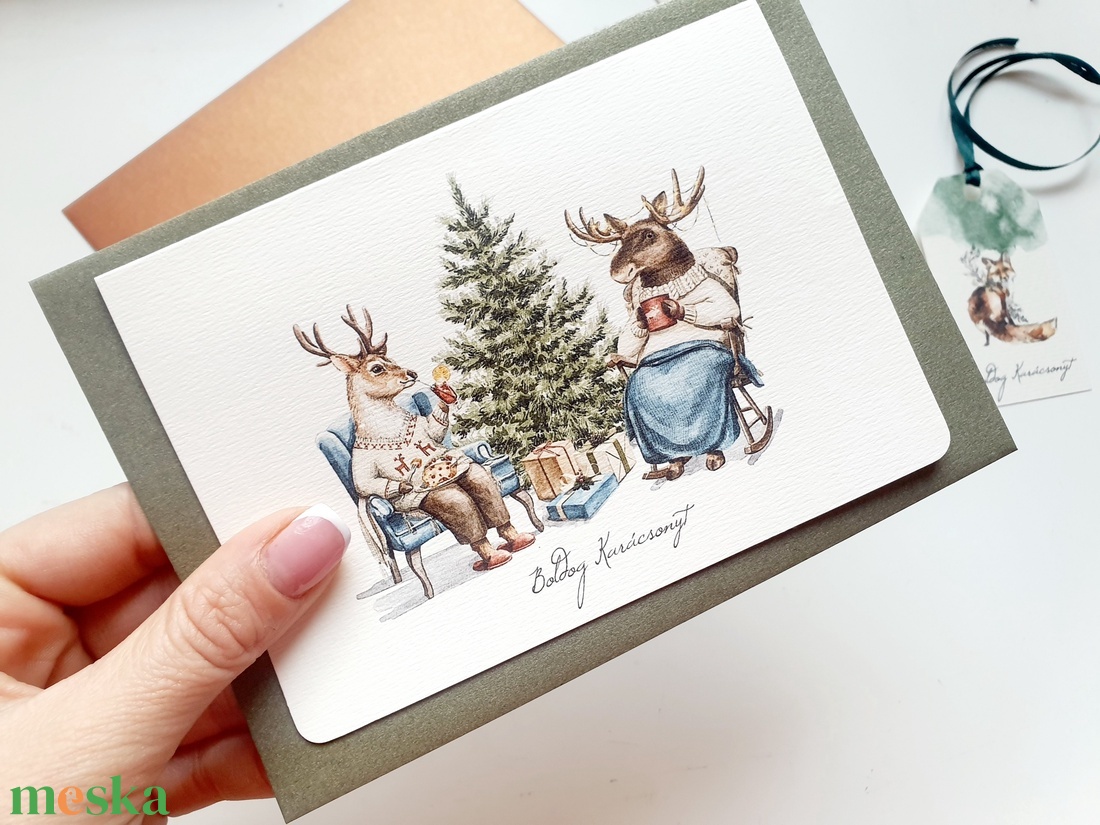 Szarvasos Karácsonyi Képeslap, Állatos, Mese, üdvözlő lap - karácsony - karácsonyi ajándékozás - karácsonyi képeslap, üdvözlőlap, ajándékkísérő - Meska.hu