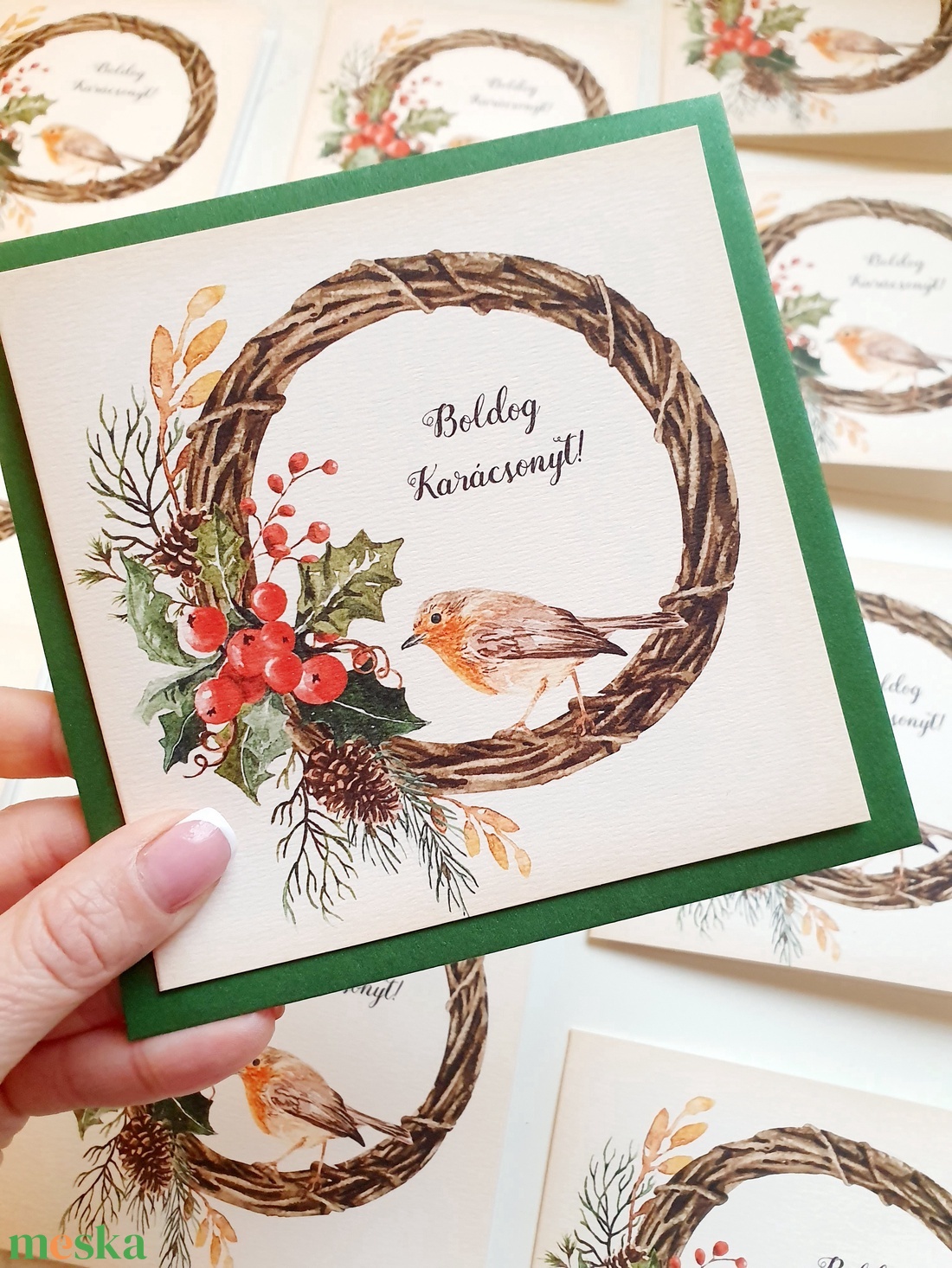 Madaras Karácsonyi Képeslap, Adventi Képeslap, Karácsonyi,  Karácsonyi üdvözlőlap, Ünnepi képeslap, madár, koszorú - karácsony - karácsonyi ajándékozás - karácsonyi képeslap, üdvözlőlap, ajándékkísérő - Meska.hu