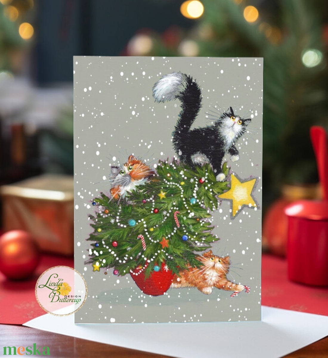 vicces cicás karácsonyi képeslap, cicás, cica, macska, macskás, üdvözlő lap, képeslap, BORÍTÉKKAL - karácsony - karácsonyi ajándékozás - karácsonyi képeslap, üdvözlőlap, ajándékkísérő - Meska.hu