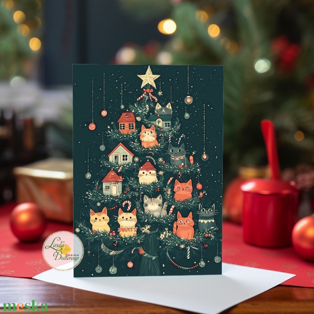 vicces cicás karácsonyi képeslap, cicás, cica, macska, karácsonyfa, üdvözlő lap, képeslap, BORÍTÉKKAL - karácsony - karácsonyi ajándékozás - karácsonyi képeslap, üdvözlőlap, ajándékkísérő - Meska.hu