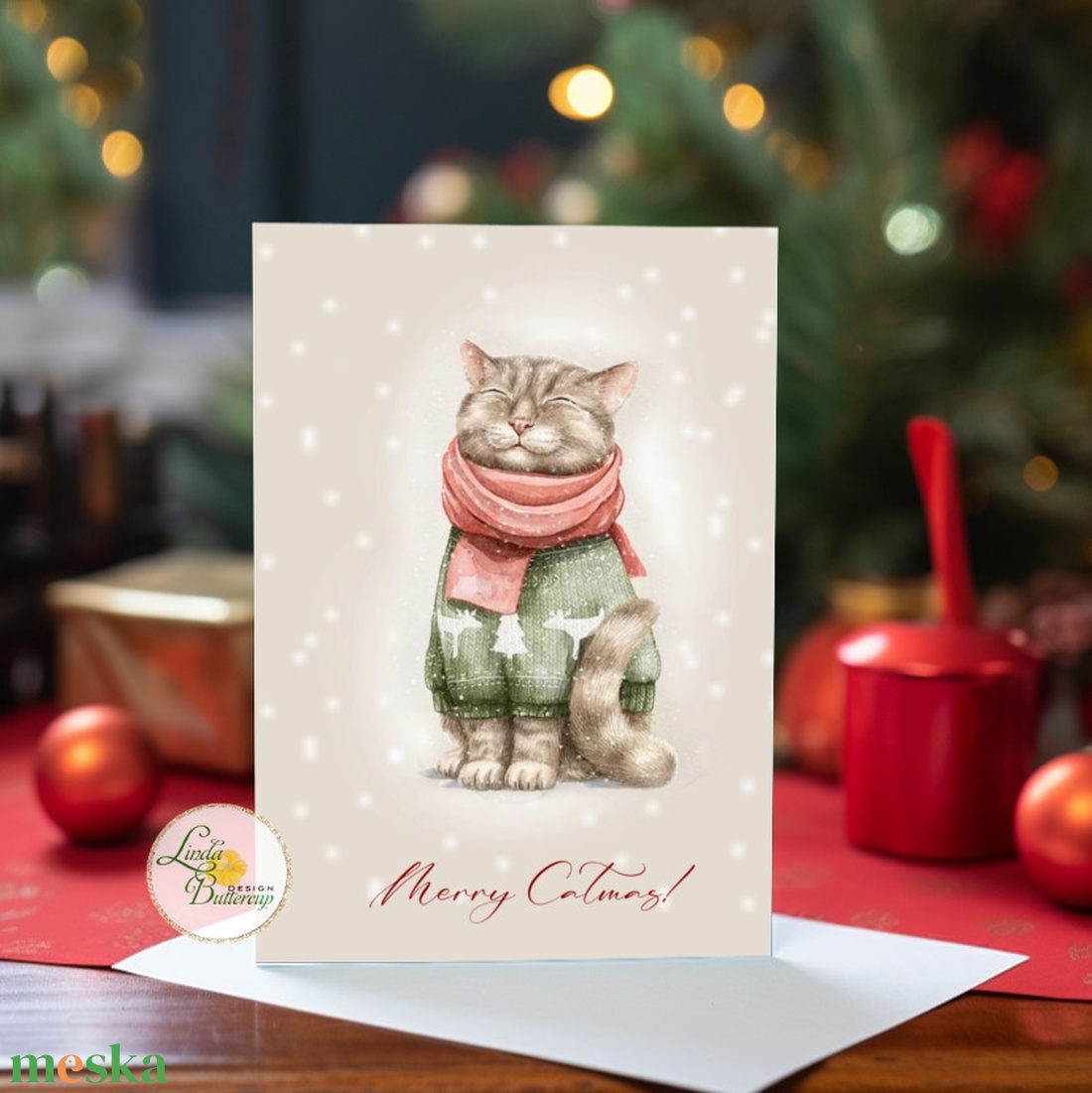 Cuki cicás karácsonyi képeslap, cicás, cica, macska, aranyos, macskás, üdvözlő lap, képeslap, BORÍTÉKKAL - karácsony - karácsonyi ajándékozás - karácsonyi képeslap, üdvözlőlap, ajándékkísérő - Meska.hu