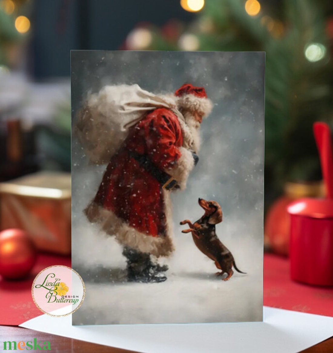 aranyos tacskós karácsonyi képeslap, mikulás, tacskó, tacsi, kutyás, üdvözlő lap, képeslap, BORÍTÉKKAL - karácsony - karácsonyi ajándékozás - karácsonyi képeslap, üdvözlőlap, ajándékkísérő - Meska.hu