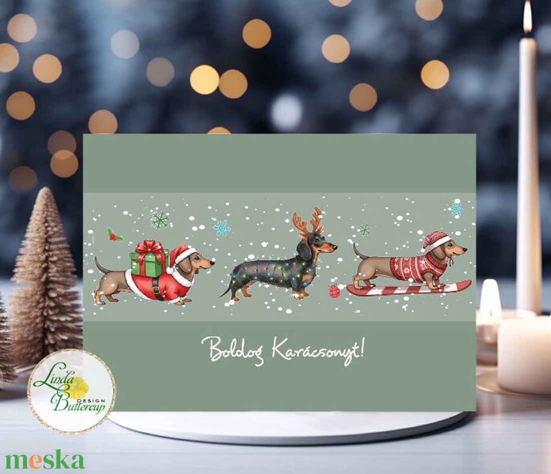aranyos tacskós karácsonyi képeslap, rajz, cuki, tacskó, tacsi, kutyás, üdvözlő lap, képeslap, BORÍTÉKKAL - karácsony - karácsonyi ajándékozás - karácsonyi képeslap, üdvözlőlap, ajándékkísérő - Meska.hu