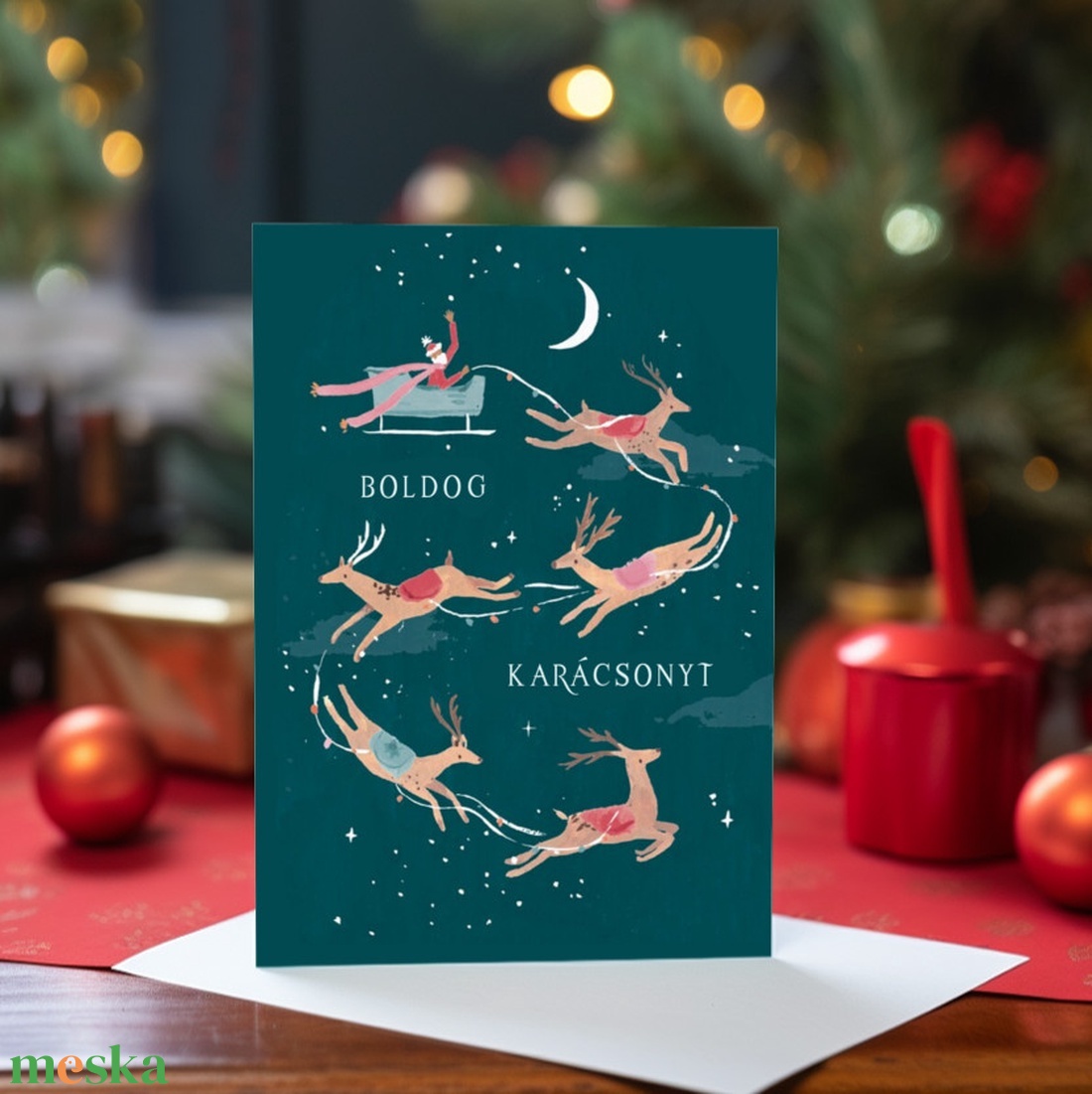 Minimál stílusú rajzos,  Karácsonyi Képeslap, mikulás, szán, rénzsarvas, kinyithatós képeslap A6 méret borítékkal - karácsony - karácsonyi ajándékozás - karácsonyi képeslap, üdvözlőlap, ajándékkísérő - Meska.hu