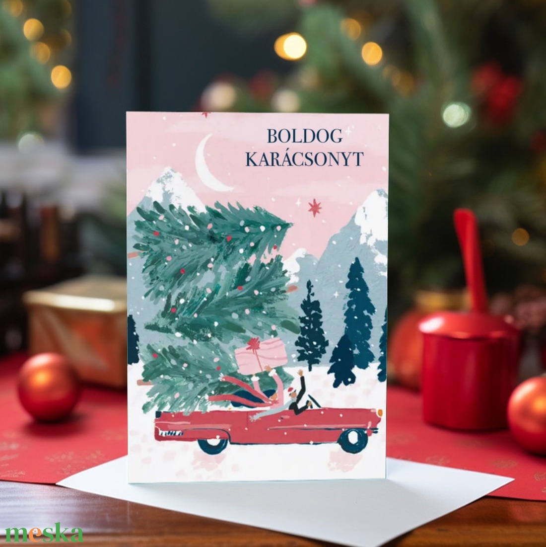 Pasztel Karácsonyi Képeslap, Téli táj, minimál stílusú rajz, autó, kinyithatós képeslap A6 méret borítékkal - karácsony - karácsonyi ajándékozás - karácsonyi képeslap, üdvözlőlap, ajándékkísérő - Meska.hu