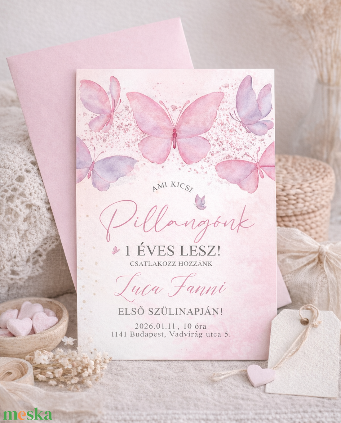 Pillangós Szülinapi Meghívó �  Pasztell pink, Egyedi Névre Szóló Meghívó + SZERKESZTÉSI DÍJ - baba - mama - babaemlékek - babaváró meghívó - Meska.hu