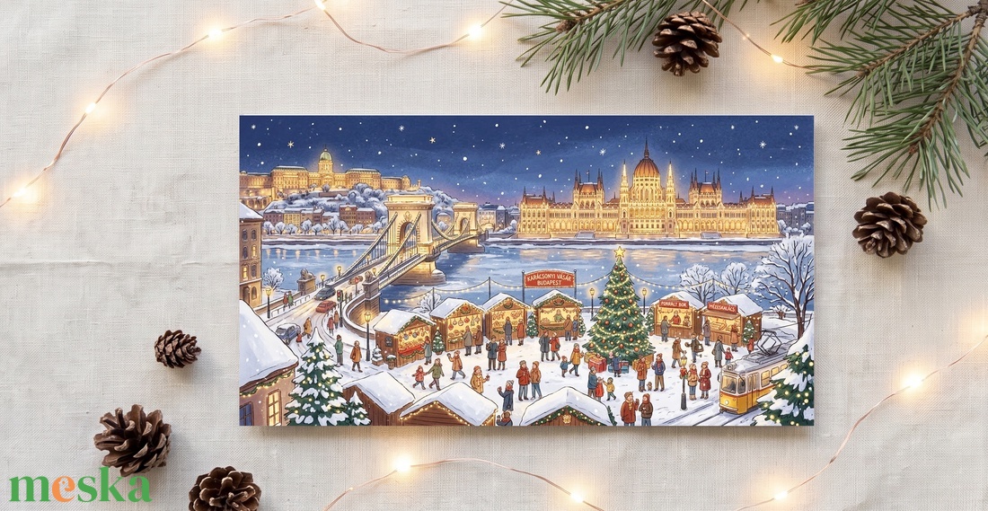 Hangulatos Budapesti karácsonyi képeslap, Adventi Képeslap, Karácsony, üdvözlőlap, Budapest, havas, lánchíd, parlament - karácsony - karácsonyi ajándékozás - karácsonyi képeslap, üdvözlőlap, ajándékkísérő - Meska.hu
