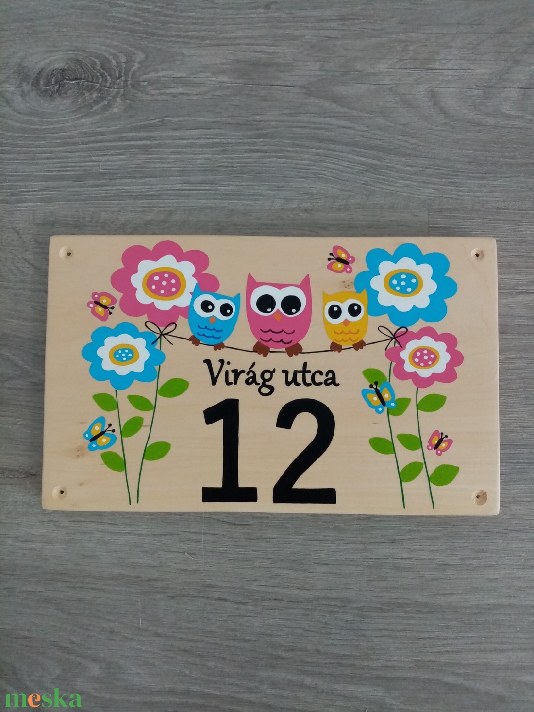 Baglyos-virágos házszám, házszámtábla, utcatábla- Házszám - otthon & életmód - ház & kert - házszám - Meska.hu