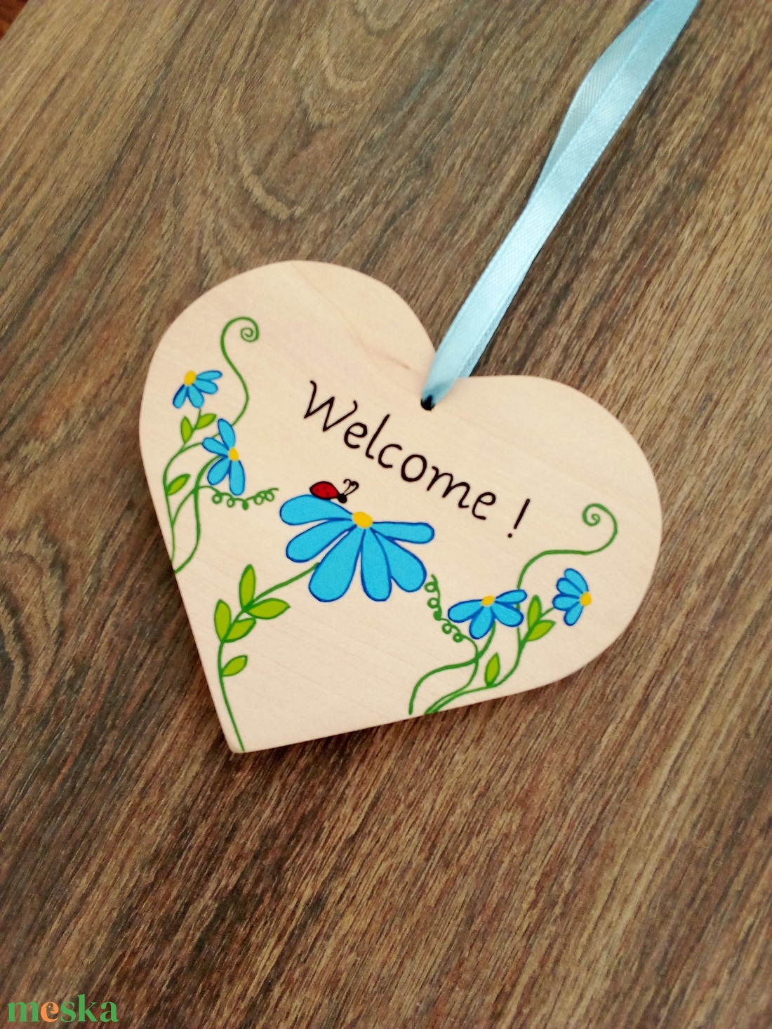 Ajtótábla,Ajtó jelölő tábla, névtábla, kopogtató, felirat - Welcome tábla- katica a virágon akciós termékkép 1