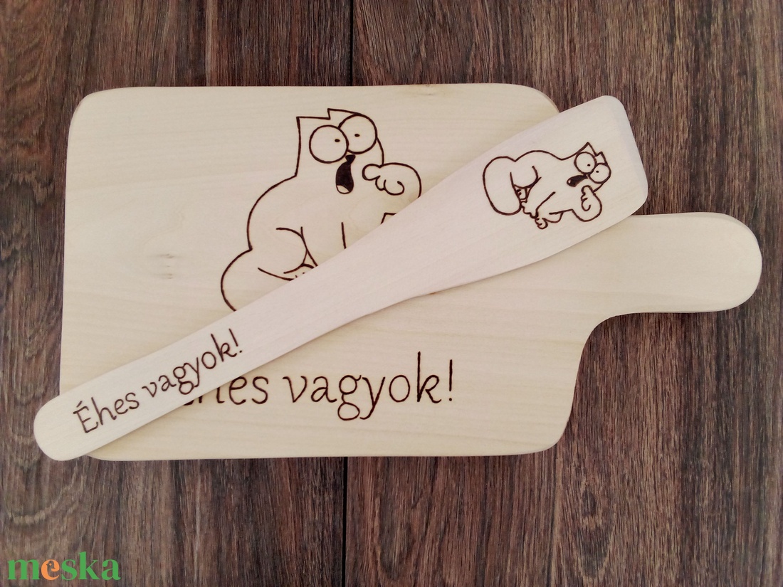 Vicces Simon's cat-es, macskás vágódeszka, fakanál, teflon lapát szett - 2 darabos - otthon & életmód - konyhafelszerelés, tálalás - sütés, főzés - vágódeszka - Meska.hu